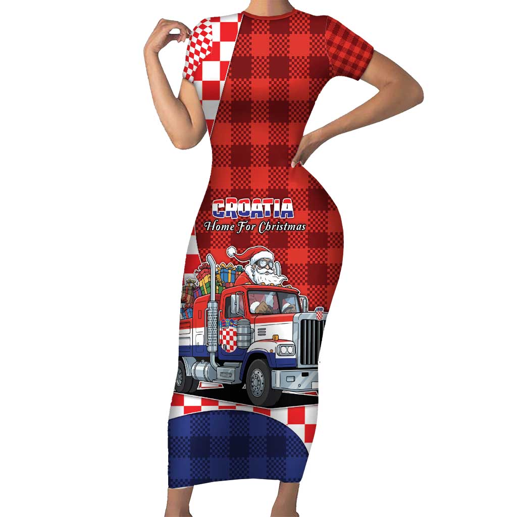 Croatia Christmas Short Sleeve Bodycon Dress Santa Claus Drives Home With Gifts - undefined