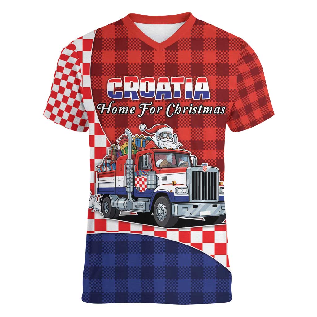 Croatia Christmas Women V-Neck T-Shirt Santa Claus Drives Home With Gifts - Wonder Print Shop