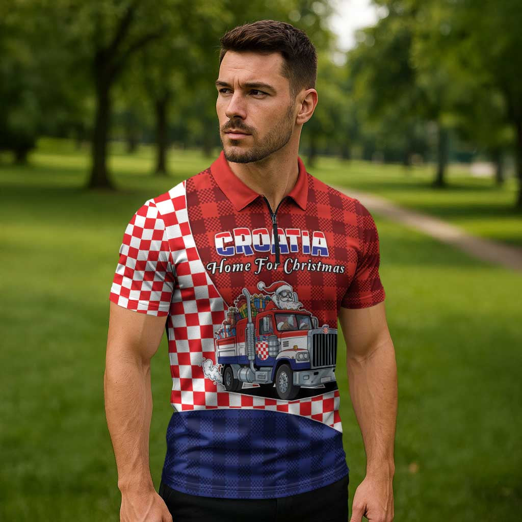 Croatia Christmas Zipper Polo Shirt Santa Claus Drives Home With Gifts - Wonder Print Shop