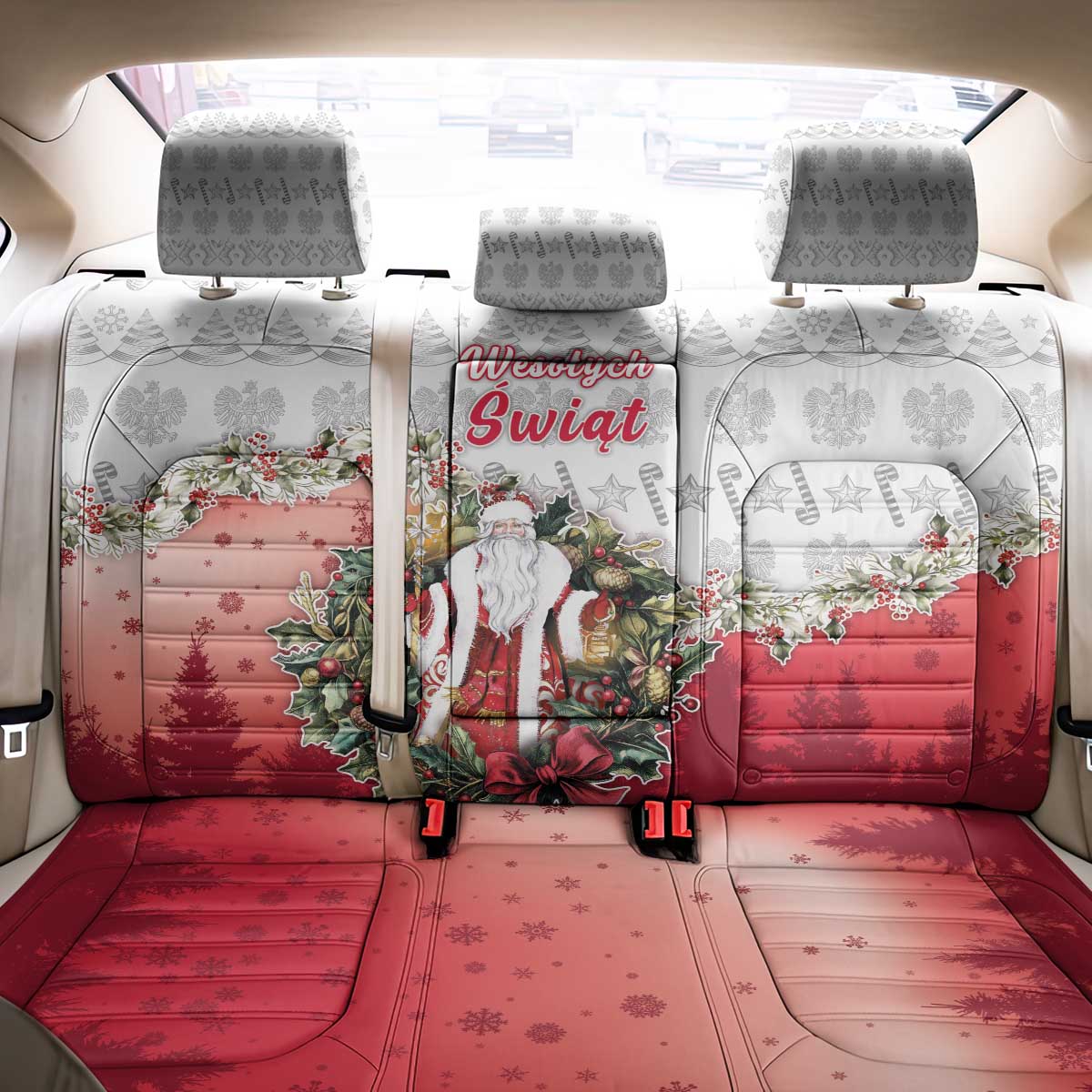Poland Christmas Back Car Seat Cover Dziadek Mroz With Wreath - Wonder Print Shop