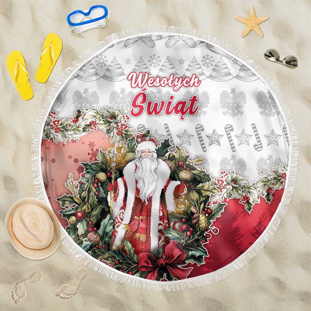 Poland Christmas Beach Blanket Dziadek Mroz With Wreath - Wonder Print Shop