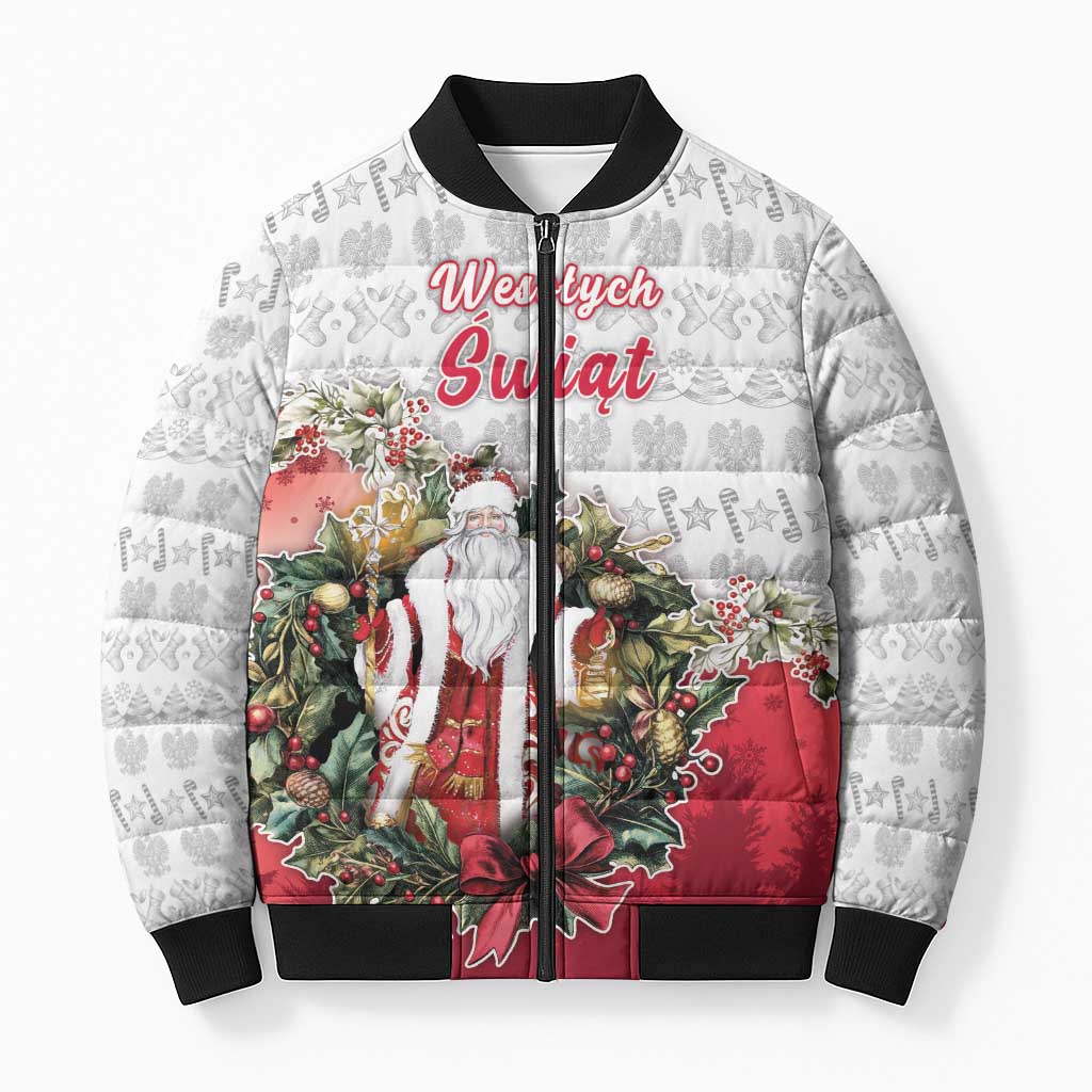 Poland Christmas Bomber Puffer Jacket Dziadek Mroz With Wreath - Wonder Print Shop