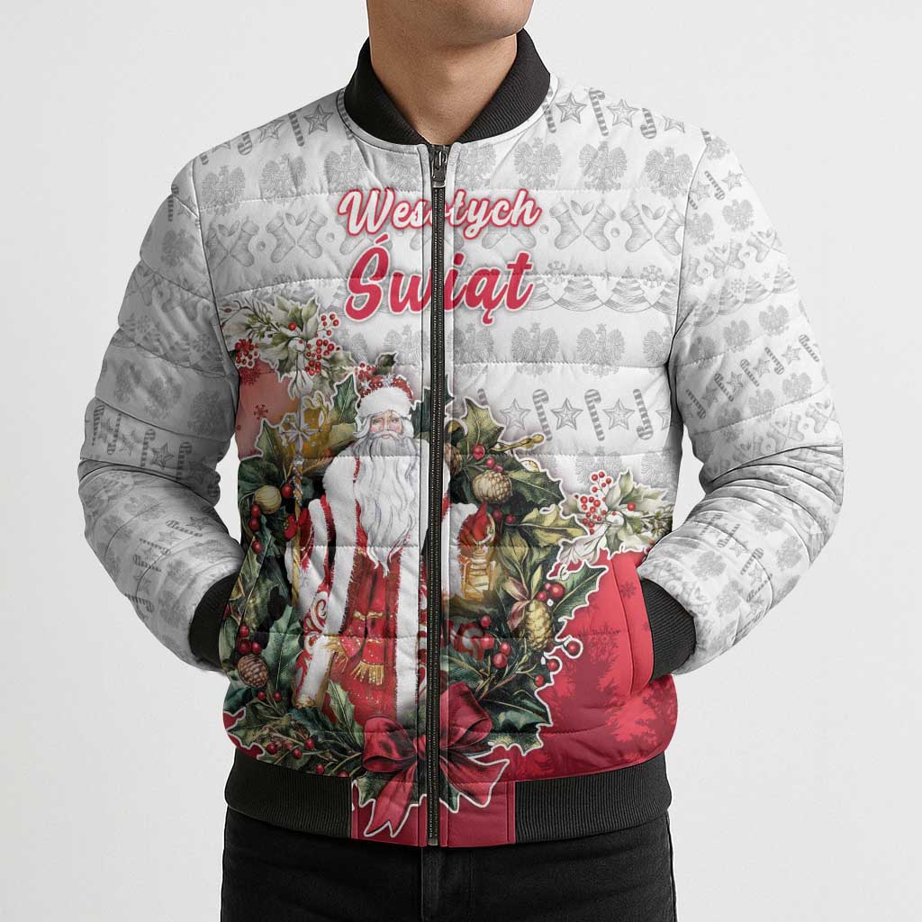 Poland Christmas Bomber Puffer Jacket Dziadek Mroz With Wreath - Wonder Print Shop
