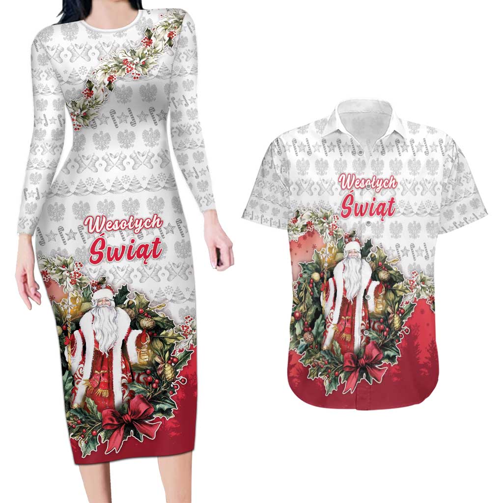 Poland Christmas Couples Matching Long Sleeve Bodycon Dress and Hawaiian Shirt Dziadek Mroz With Wreath - Wonder Print Shop