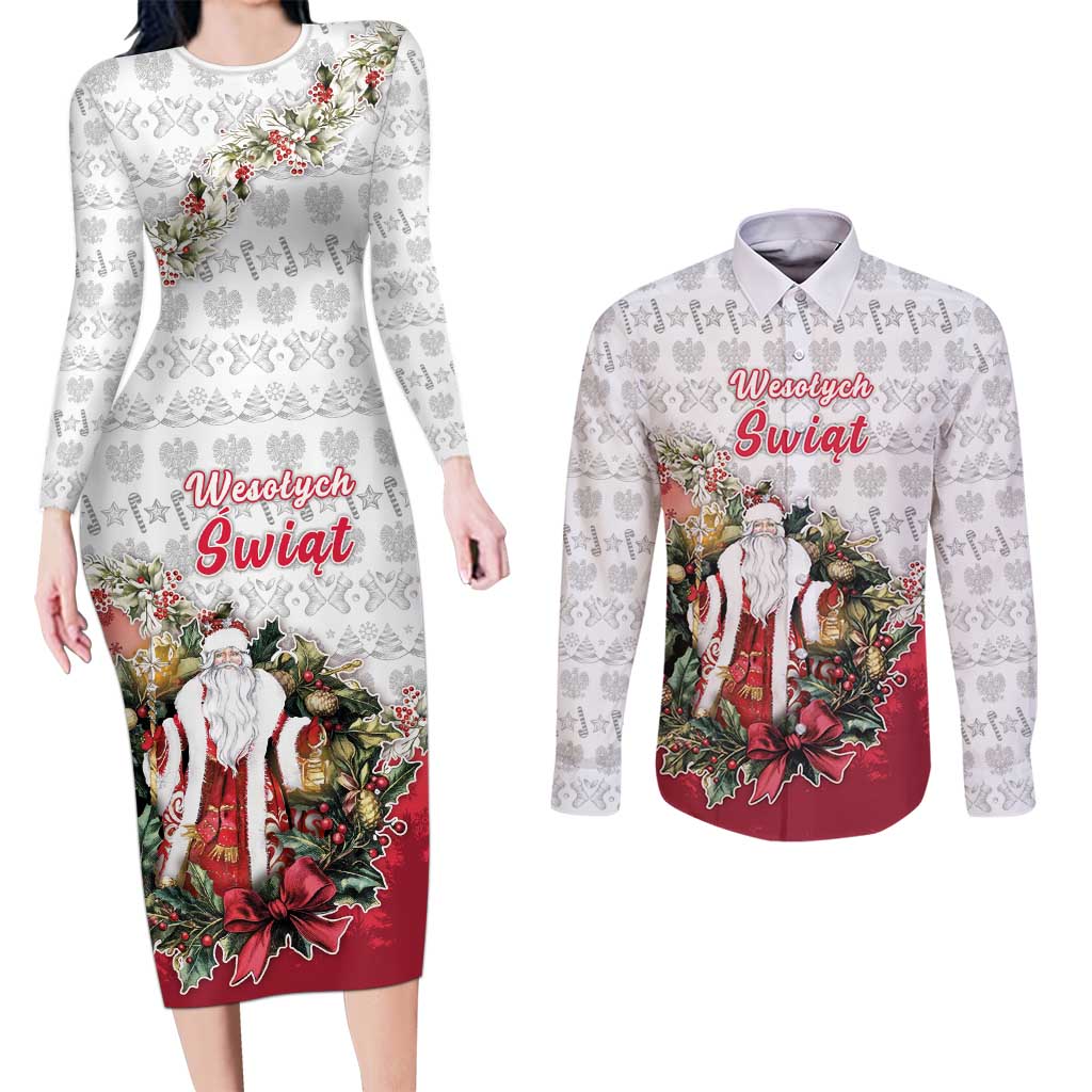 Poland Christmas Couples Matching Long Sleeve Bodycon Dress and Long Sleeve Button Shirt Dziadek Mroz With Wreath - Wonder Print Shop