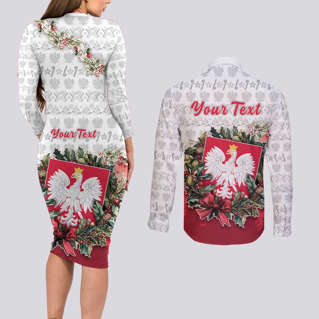 Poland Christmas Couples Matching Long Sleeve Bodycon Dress and Long Sleeve Button Shirt Dziadek Mroz With Wreath - Wonder Print Shop