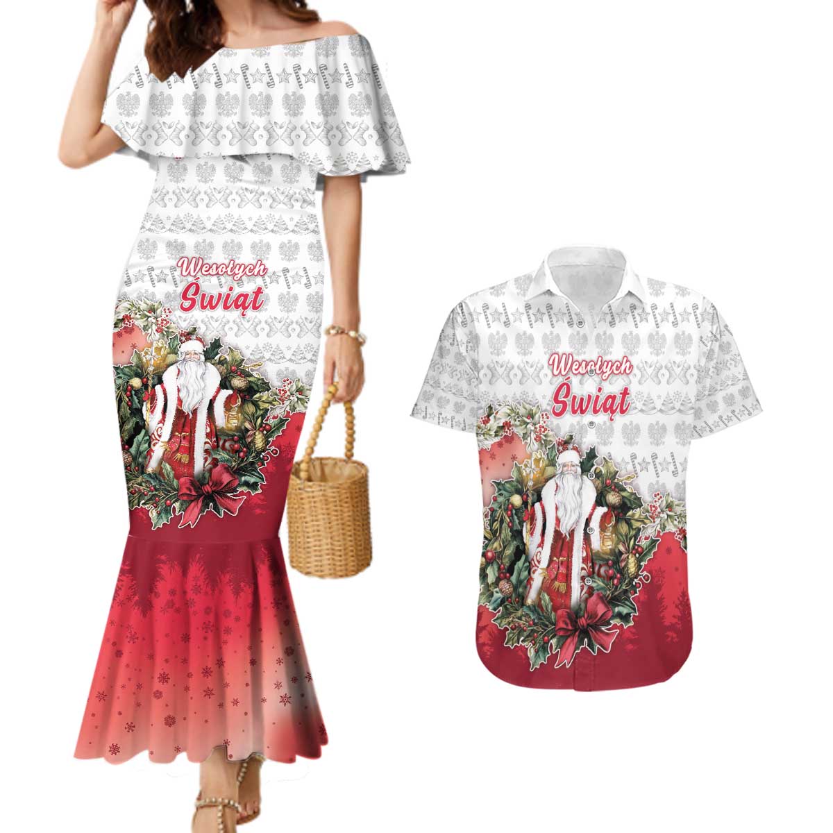 Poland Christmas Couples Matching Mermaid Dress and Hawaiian Shirt Dziadek Mroz With Wreath - Wonder Print Shop