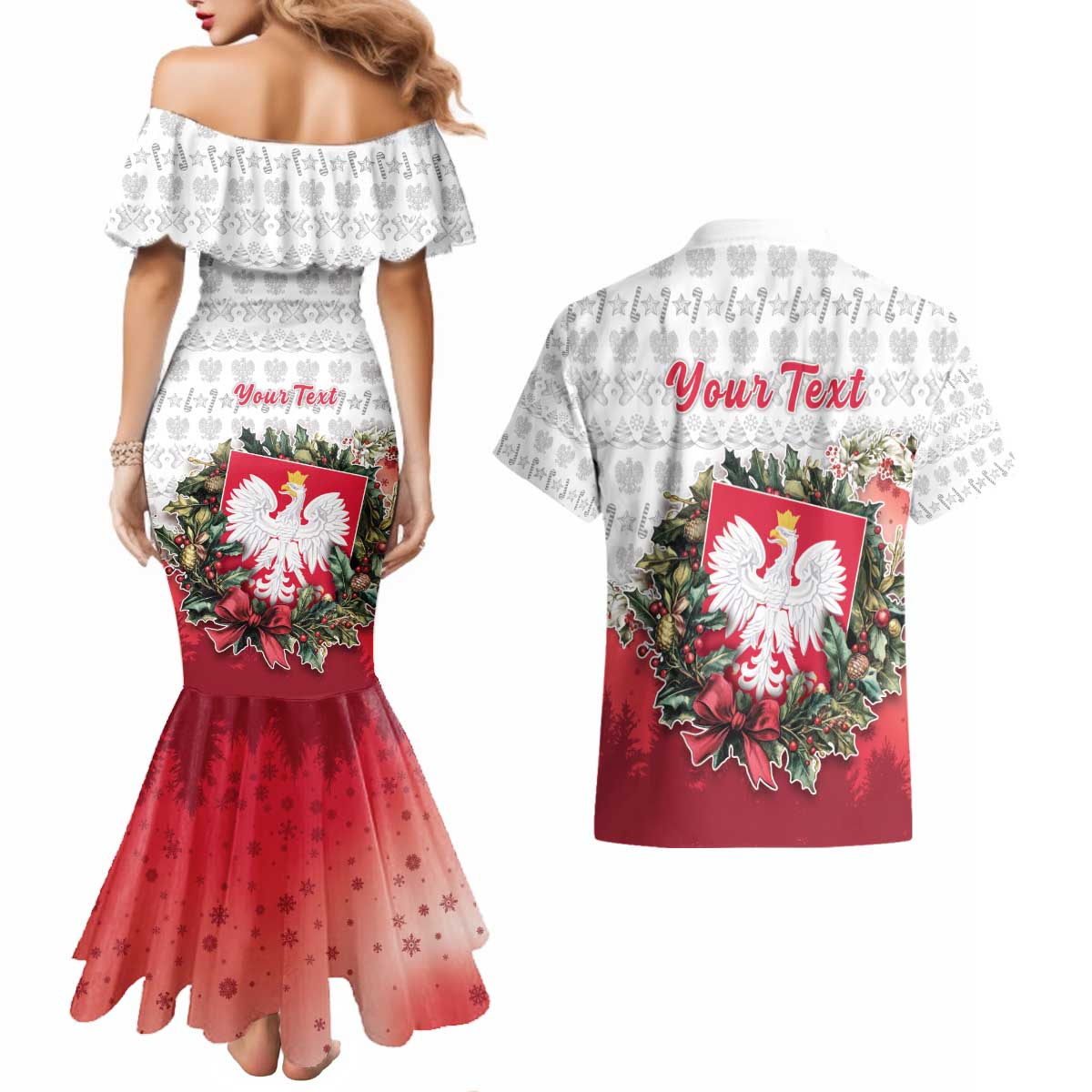 Poland Christmas Couples Matching Mermaid Dress and Hawaiian Shirt Dziadek Mroz With Wreath - Wonder Print Shop