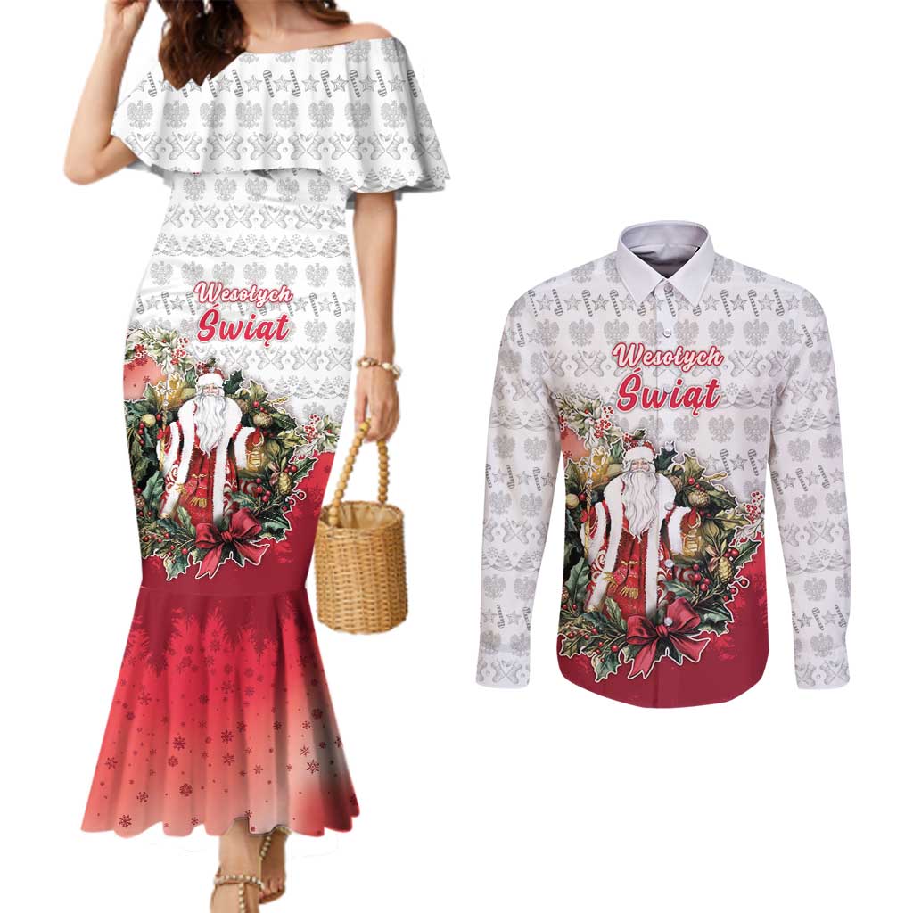 Poland Christmas Couples Matching Mermaid Dress and Long Sleeve Button Shirt Dziadek Mroz With Wreath - Wonder Print Shop