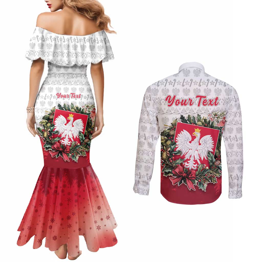 Poland Christmas Couples Matching Mermaid Dress and Long Sleeve Button Shirt Dziadek Mroz With Wreath - Wonder Print Shop