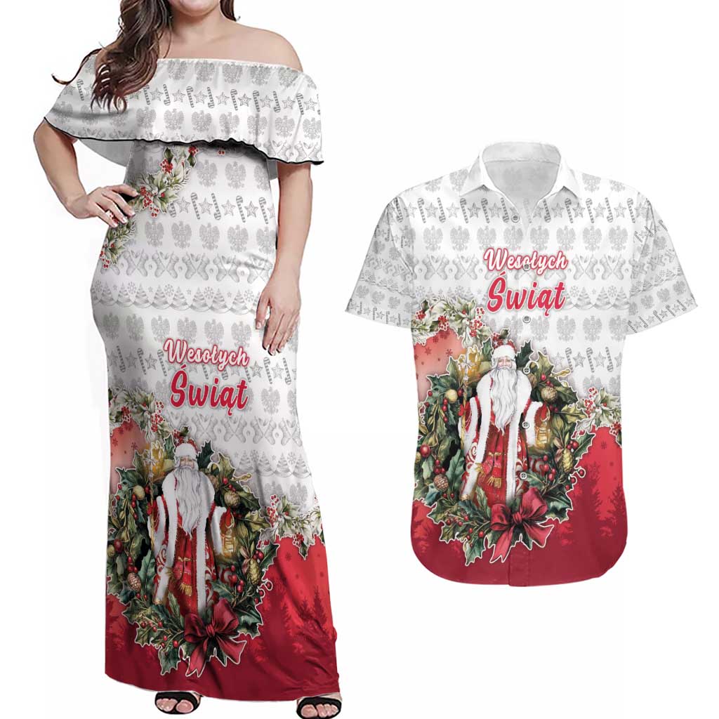 Poland Christmas Couples Matching Off Shoulder Maxi Dress and Hawaiian Shirt Dziadek Mroz With Wreath - Wonder Print Shop