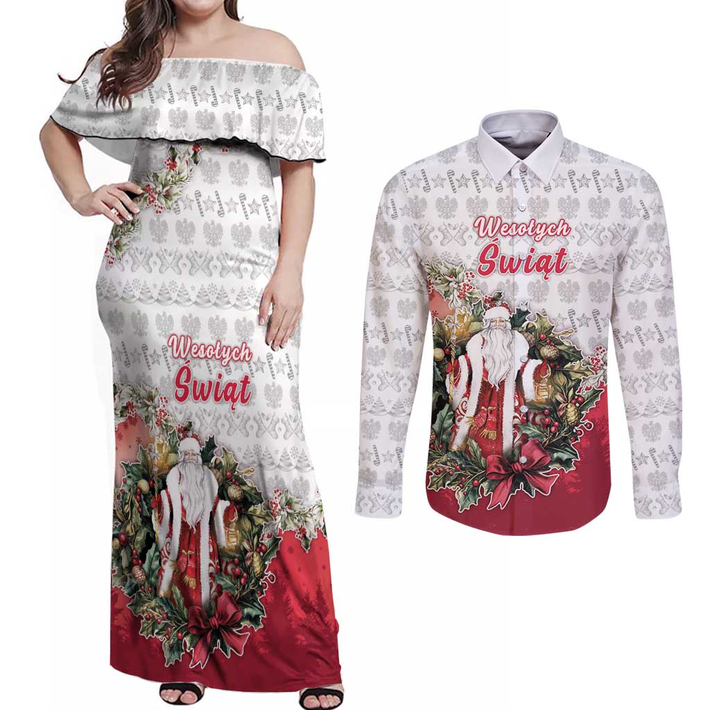 Poland Christmas Couples Matching Off Shoulder Maxi Dress and Long Sleeve Button Shirt Dziadek Mroz With Wreath - Wonder Print Shop