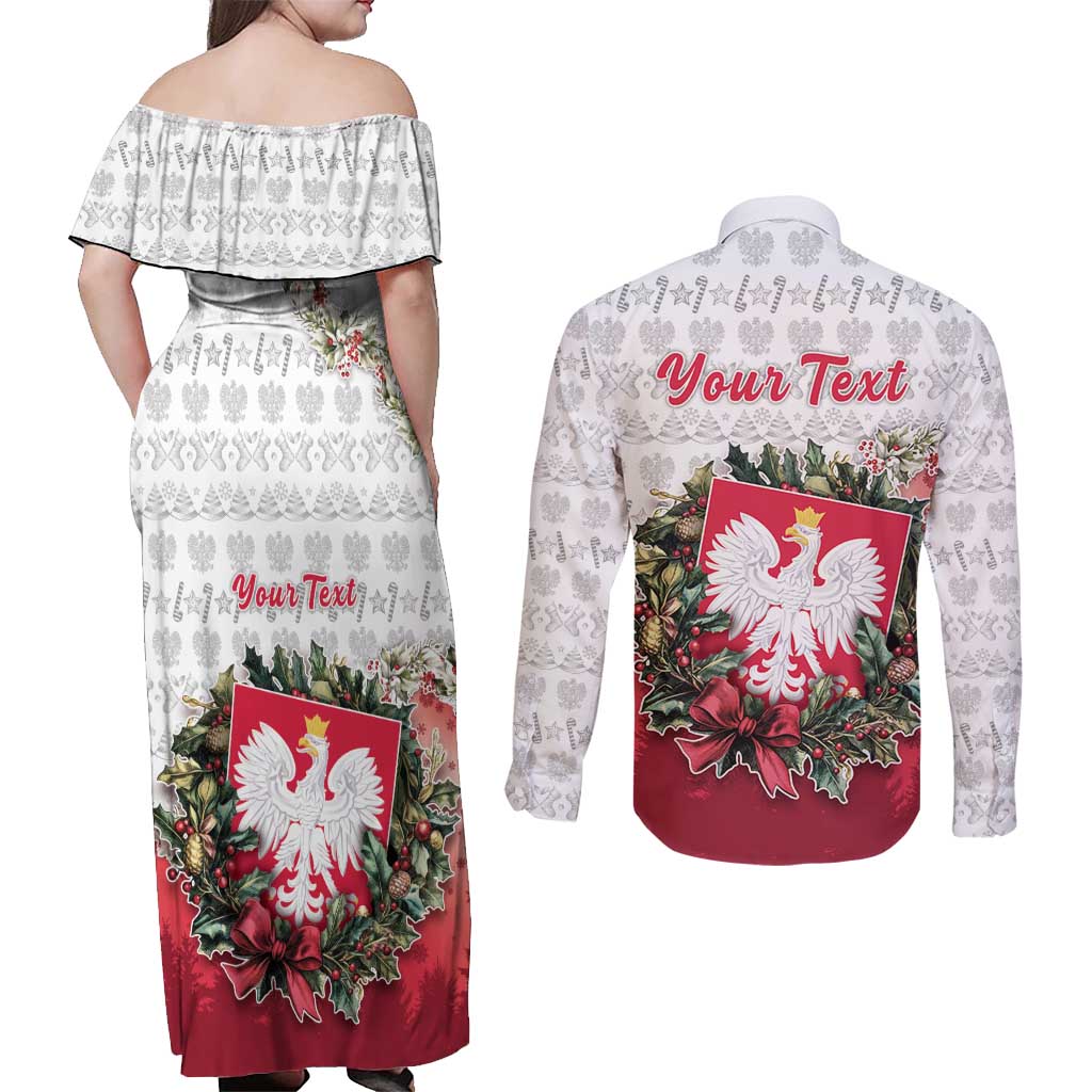 Poland Christmas Couples Matching Off Shoulder Maxi Dress and Long Sleeve Button Shirt Dziadek Mroz With Wreath - Wonder Print Shop