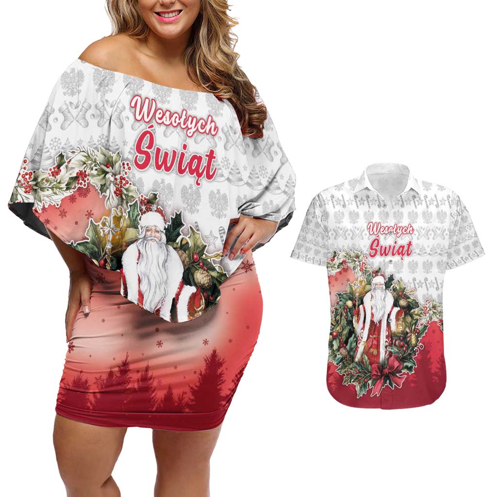 Poland Christmas Couples Matching Off Shoulder Short Dress and Hawaiian Shirt Dziadek Mroz With Wreath - Wonder Print Shop