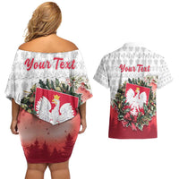 Poland Christmas Couples Matching Off Shoulder Short Dress and Hawaiian Shirt Dziadek Mroz With Wreath - Wonder Print Shop