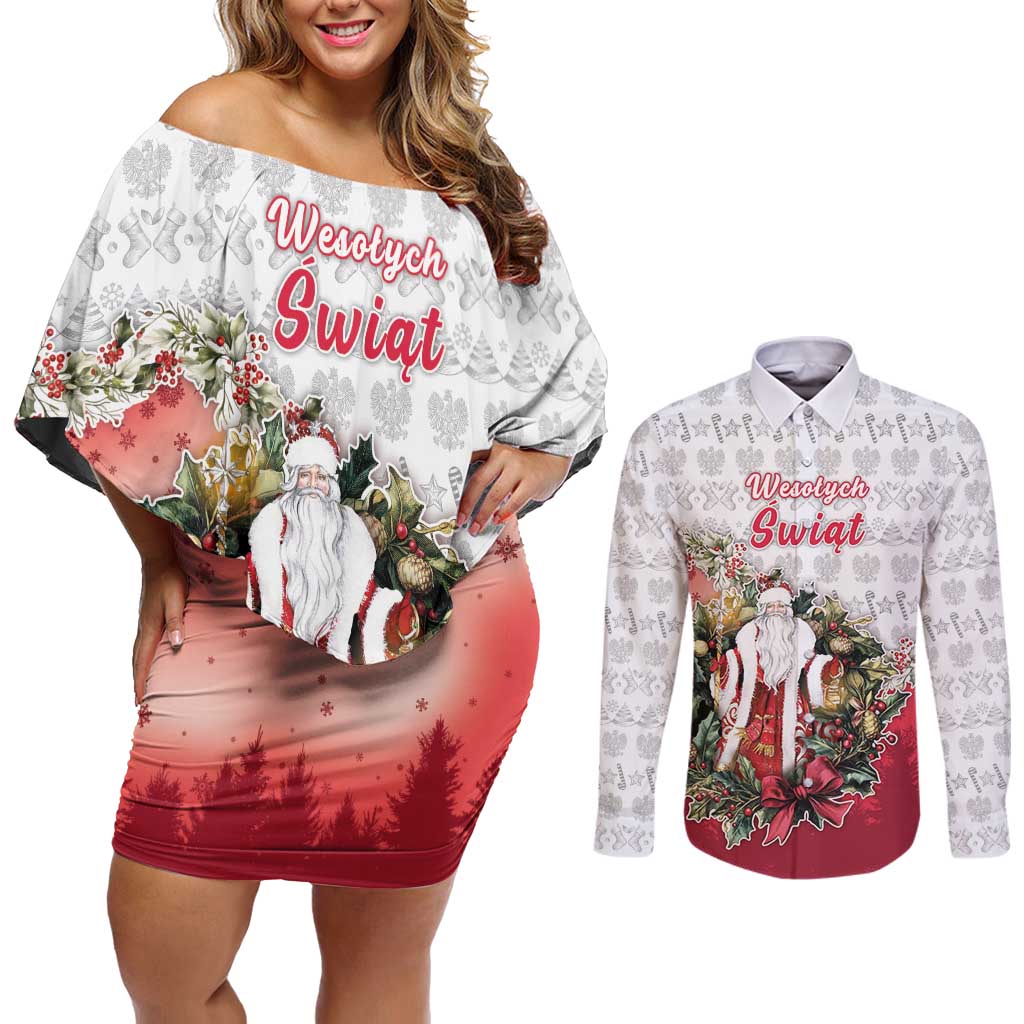 Poland Christmas Couples Matching Off Shoulder Short Dress and Long Sleeve Button Shirt Dziadek Mroz With Wreath - Wonder Print Shop