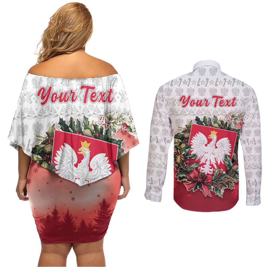 Poland Christmas Couples Matching Off Shoulder Short Dress and Long Sleeve Button Shirt Dziadek Mroz With Wreath - Wonder Print Shop