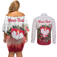 Poland Christmas Couples Matching Off Shoulder Short Dress and Long Sleeve Button Shirt Dziadek Mroz With Wreath - Wonder Print Shop