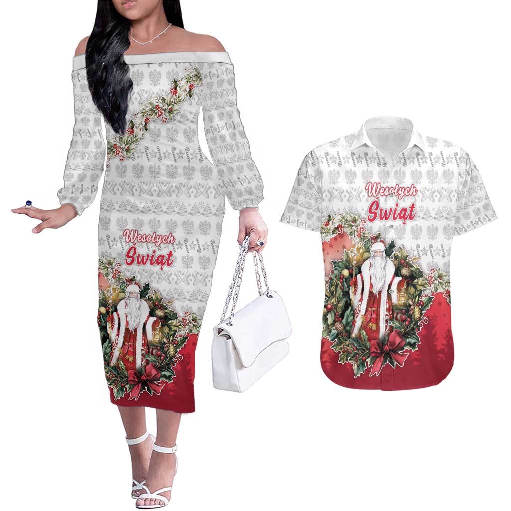 Poland Christmas Couples Matching Off The Shoulder Long Sleeve Dress and Hawaiian Shirt Dziadek Mroz With Wreath - Wonder Print Shop