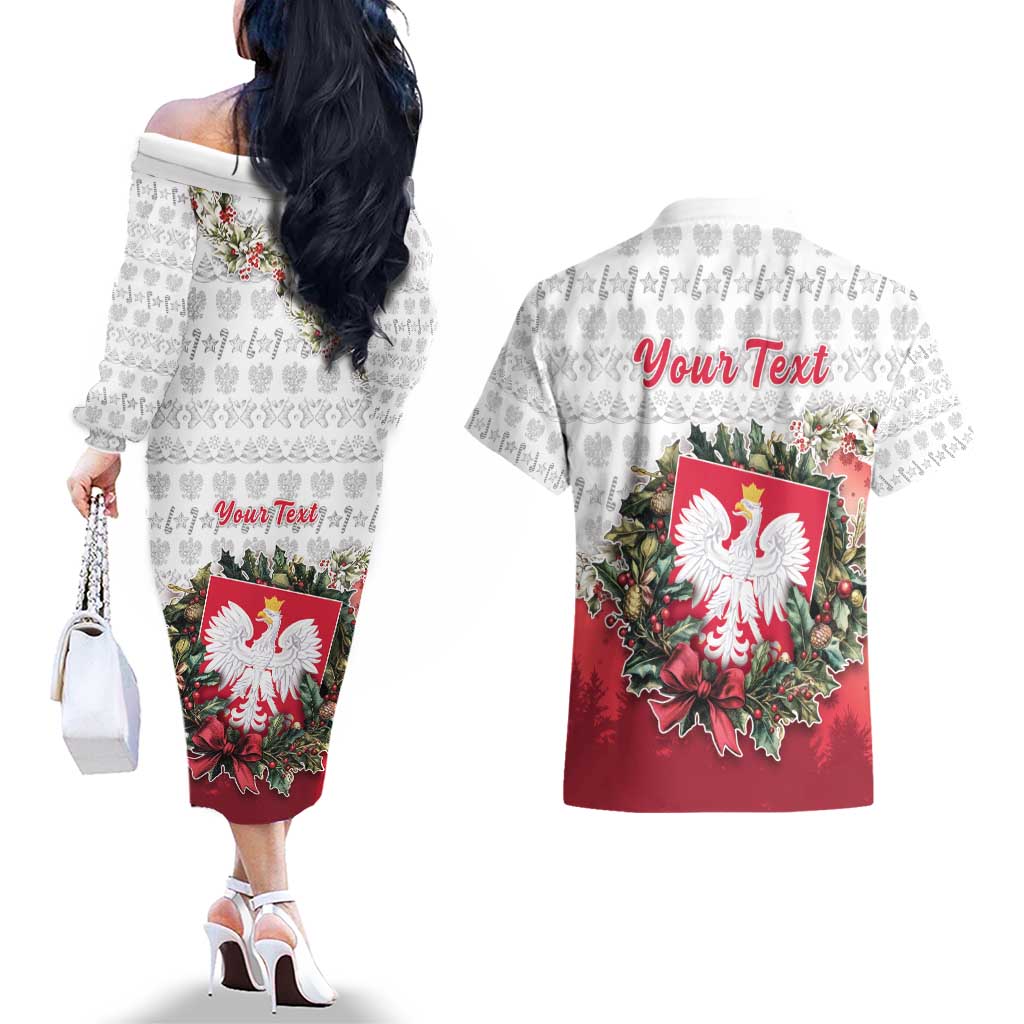 Poland Christmas Couples Matching Off The Shoulder Long Sleeve Dress and Hawaiian Shirt Dziadek Mroz With Wreath - Wonder Print Shop