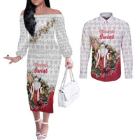 Poland Christmas Couples Matching Off The Shoulder Long Sleeve Dress and Long Sleeve Button Shirt Dziadek Mroz With Wreath - Wonder Print Shop