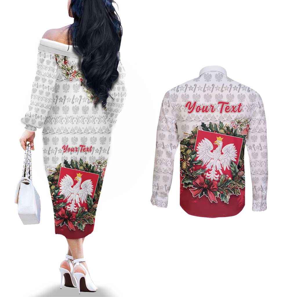 Poland Christmas Couples Matching Off The Shoulder Long Sleeve Dress and Long Sleeve Button Shirt Dziadek Mroz With Wreath - Wonder Print Shop