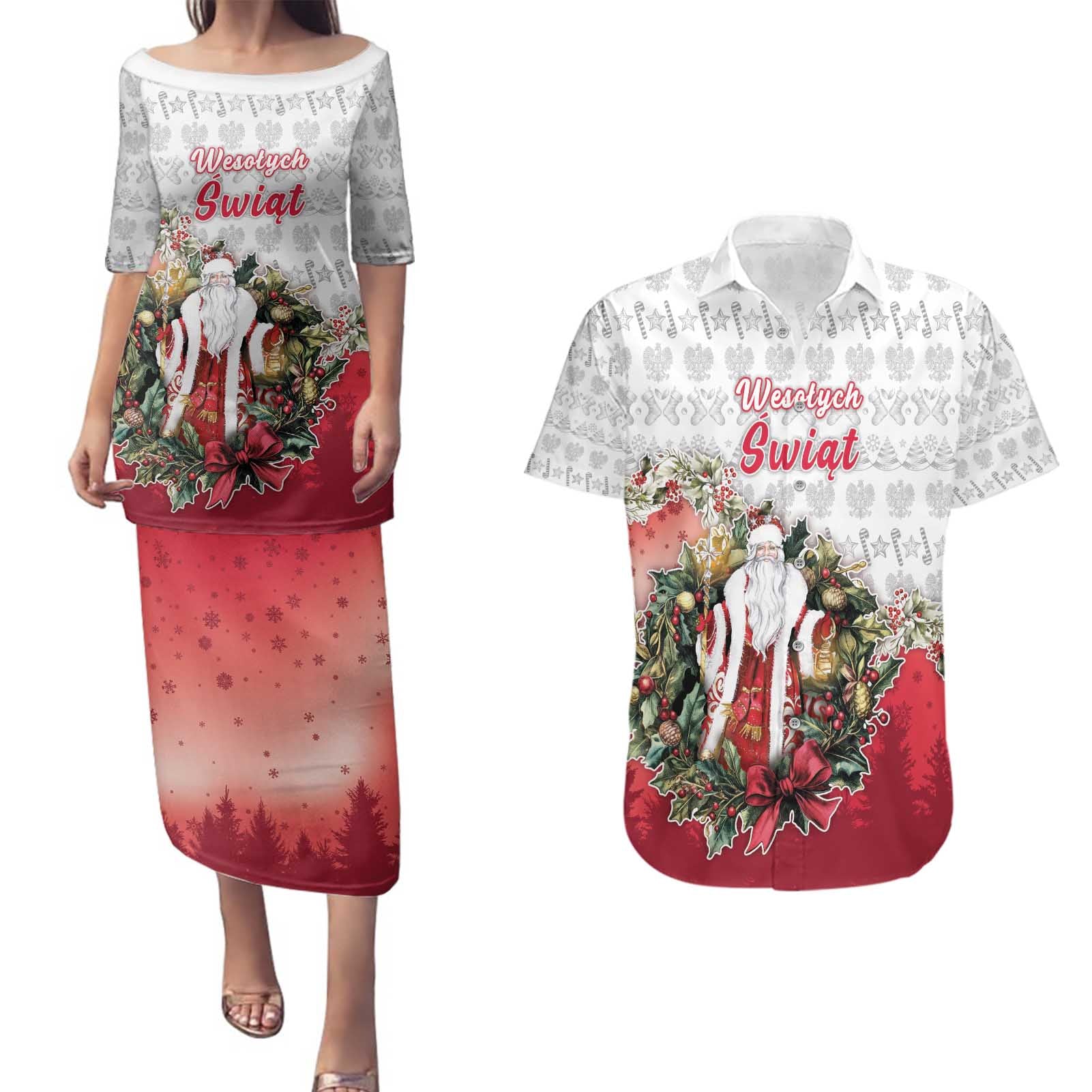 Poland Christmas Couples Matching Puletasi and Hawaiian Shirt Dziadek Mroz With Wreath - Wonder Print Shop