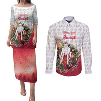 Poland Christmas Couples Matching Puletasi and Long Sleeve Button Shirt Dziadek Mroz With Wreath - Wonder Print Shop