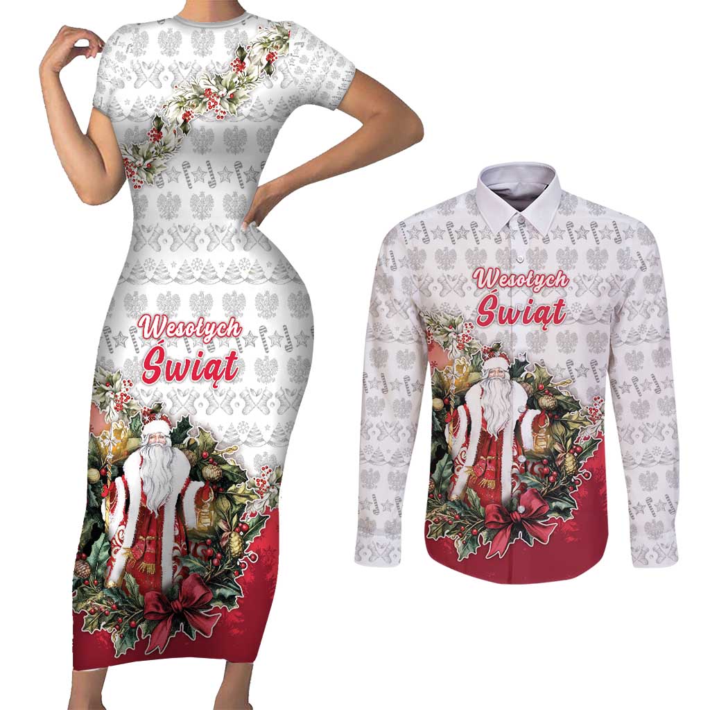 Poland Christmas Couples Matching Short Sleeve Bodycon Dress and Long Sleeve Button Shirt Dziadek Mroz With Wreath - Wonder Print Shop