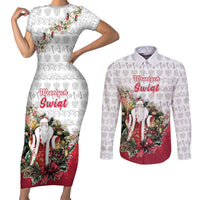 Poland Christmas Couples Matching Short Sleeve Bodycon Dress and Long Sleeve Button Shirt Dziadek Mroz With Wreath - Wonder Print Shop