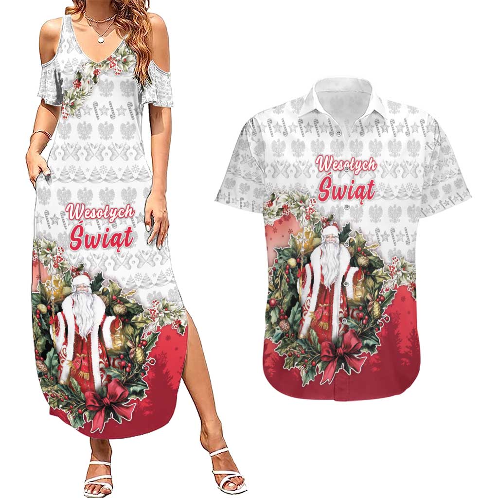 Poland Christmas Couples Matching Summer Maxi Dress and Hawaiian Shirt Dziadek Mroz With Wreath - Wonder Print Shop