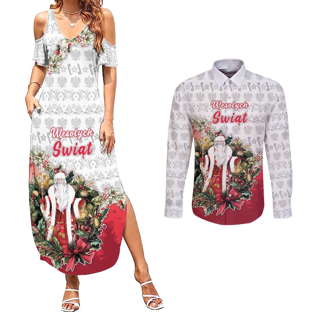 Poland Christmas Couples Matching Summer Maxi Dress and Long Sleeve Button Shirt Dziadek Mroz With Wreath - Wonder Print Shop