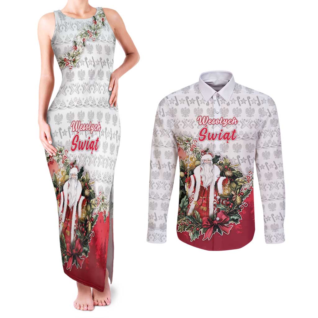Poland Christmas Couples Matching Tank Maxi Dress and Long Sleeve Button Shirt Dziadek Mroz With Wreath - Wonder Print Shop