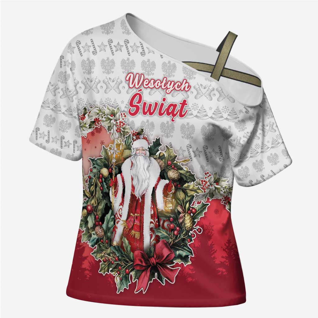 Poland Christmas Cross Shoulder Shirt Dziadek Mroz With Wreath - Wonder Print Shop