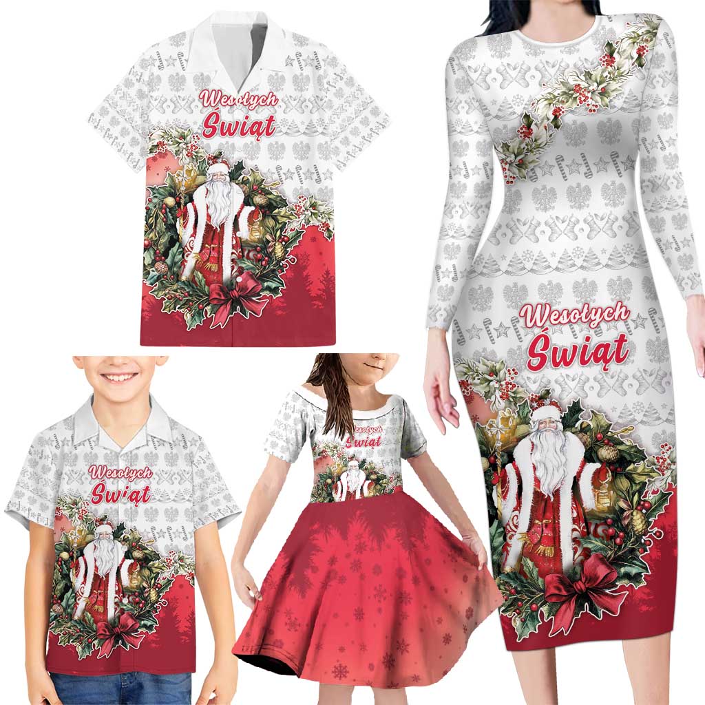 Poland Christmas Family Matching Long Sleeve Bodycon Dress and Hawaiian Shirt Dziadek Mroz With Wreath - Wonder Print Shop