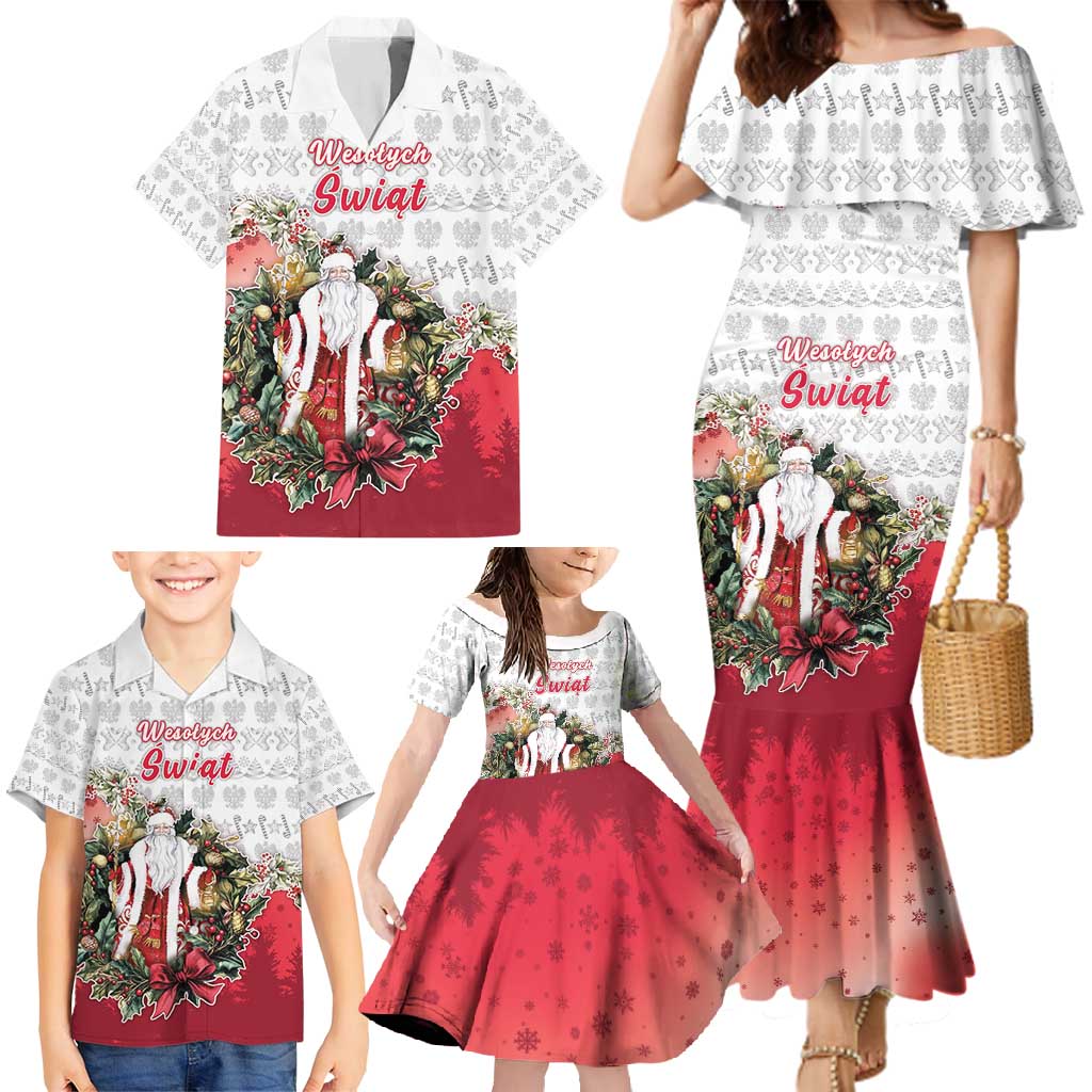 Poland Christmas Family Matching Mermaid Dress and Hawaiian Shirt Dziadek Mroz With Wreath - Wonder Print Shop