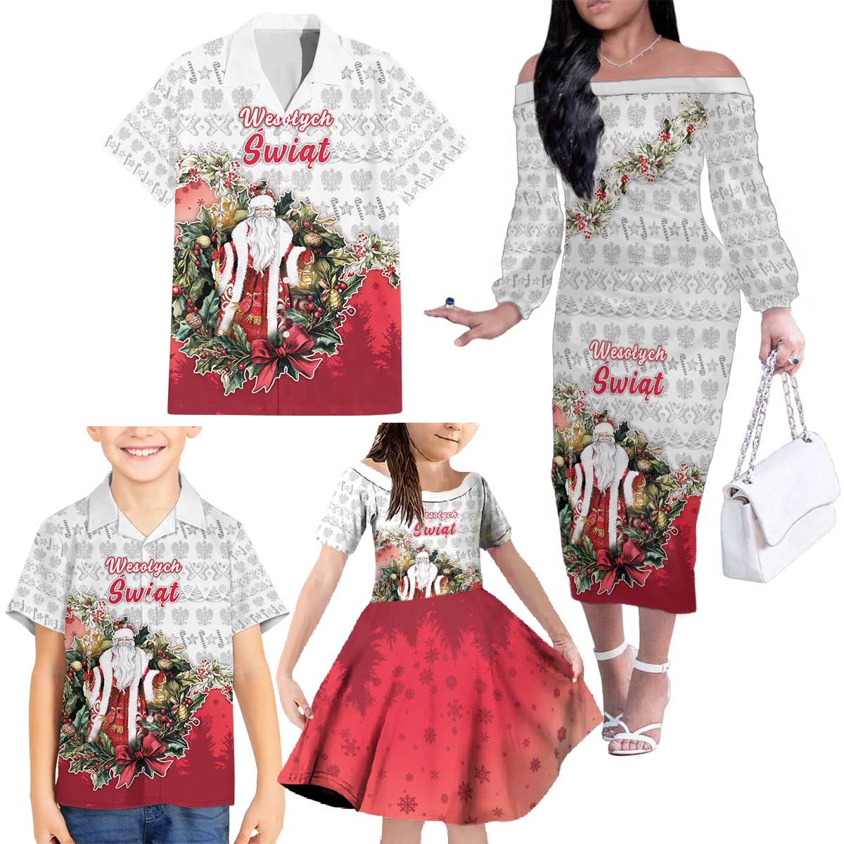 Poland Christmas Family Matching Off The Shoulder Long Sleeve Dress and Hawaiian Shirt Dziadek Mroz With Wreath - Wonder Print Shop