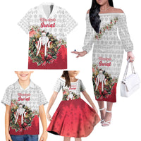 Poland Christmas Family Matching Off The Shoulder Long Sleeve Dress and Hawaiian Shirt Dziadek Mroz With Wreath - Wonder Print Shop