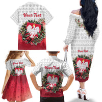 Poland Christmas Family Matching Off The Shoulder Long Sleeve Dress and Hawaiian Shirt Dziadek Mroz With Wreath - Wonder Print Shop