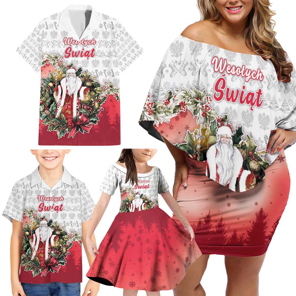 Poland Christmas Family Matching Off Shoulder Short Dress and Hawaiian Shirt Dziadek Mroz With Wreath - Wonder Print Shop