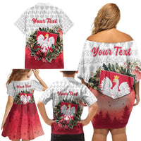 Poland Christmas Family Matching Off Shoulder Short Dress and Hawaiian Shirt Dziadek Mroz With Wreath - Wonder Print Shop
