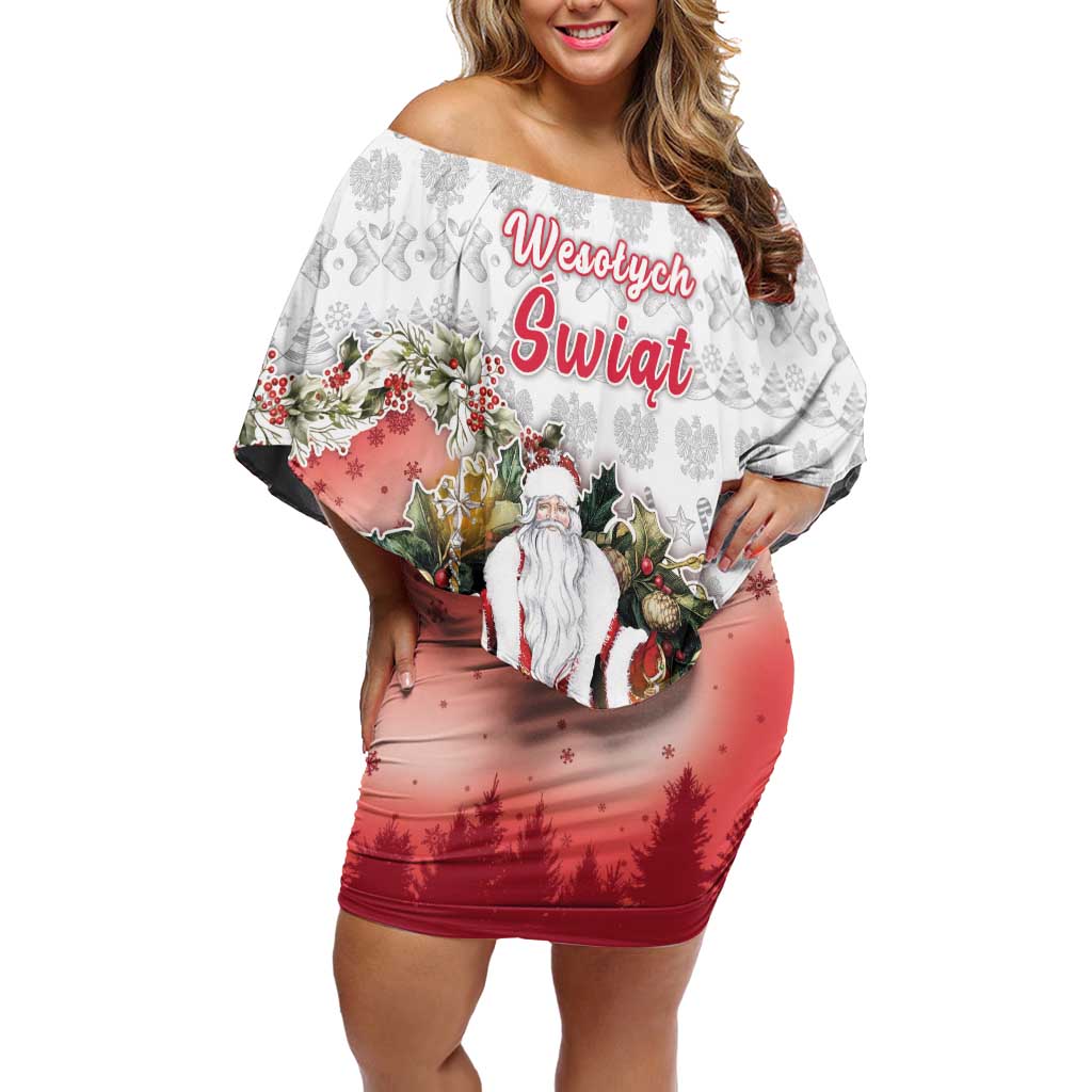 Poland Christmas Family Matching Off Shoulder Short Dress and Hawaiian Shirt Dziadek Mroz With Wreath - Wonder Print Shop