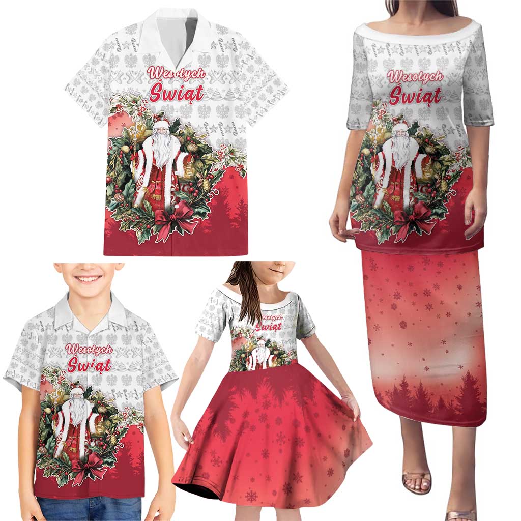 Poland Christmas Family Matching Puletasi and Hawaiian Shirt Dziadek Mroz With Wreath - Wonder Print Shop