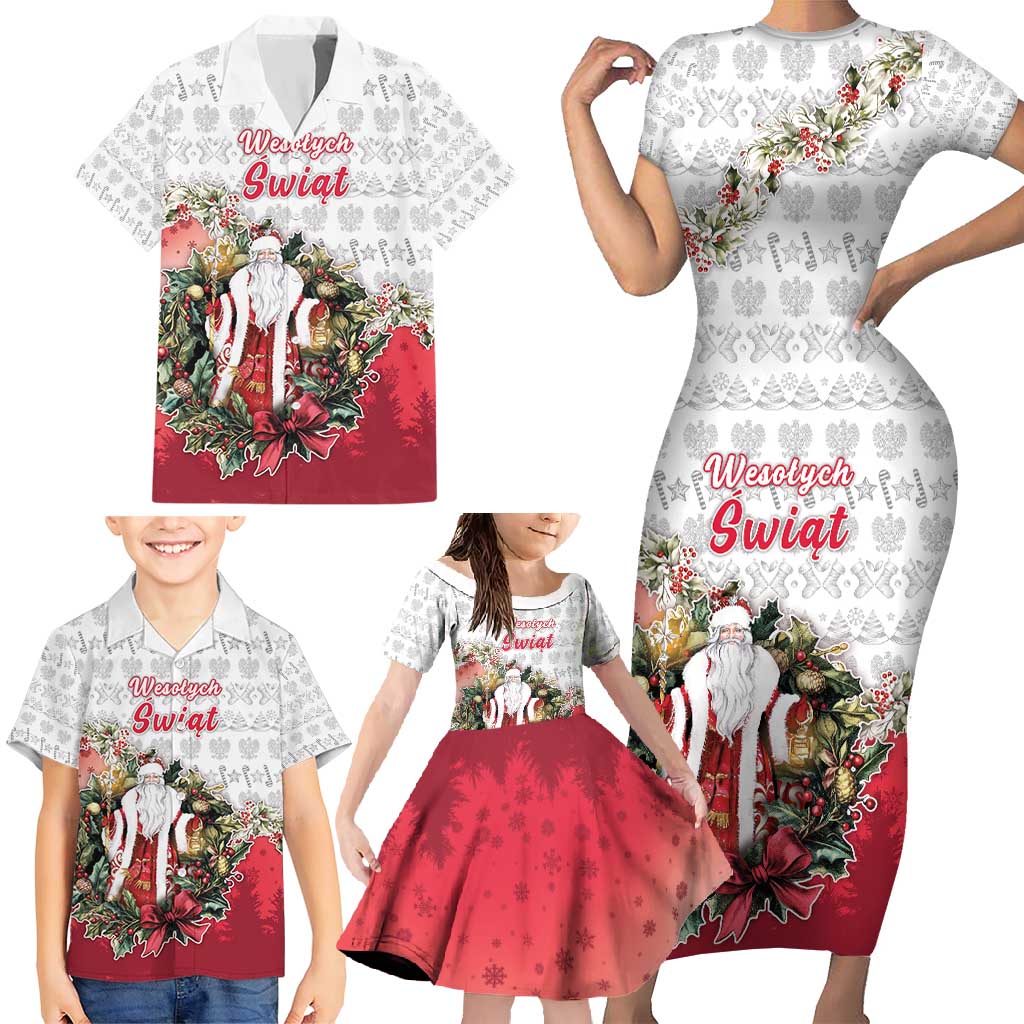 Poland Christmas Family Matching Short Sleeve Bodycon Dress and Hawaiian Shirt Dziadek Mroz With Wreath - Wonder Print Shop