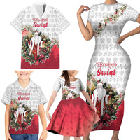 Poland Christmas Family Matching Short Sleeve Bodycon Dress and Hawaiian Shirt Dziadek Mroz With Wreath - Wonder Print Shop
