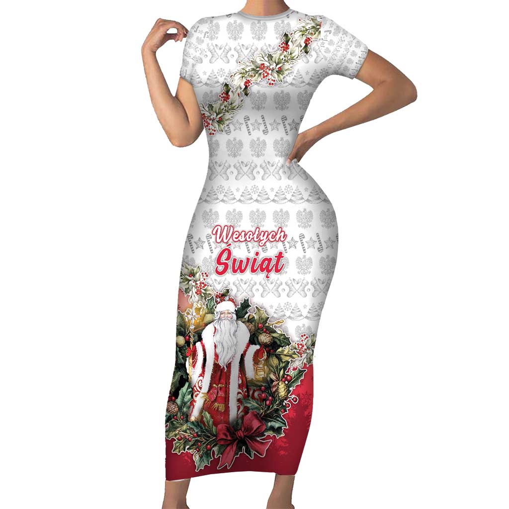 Poland Christmas Family Matching Short Sleeve Bodycon Dress and Hawaiian Shirt Dziadek Mroz With Wreath - Wonder Print Shop