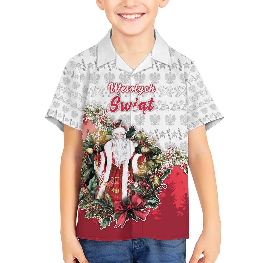Poland Christmas Family Matching Short Sleeve Bodycon Dress and Hawaiian Shirt Dziadek Mroz With Wreath - Wonder Print Shop
