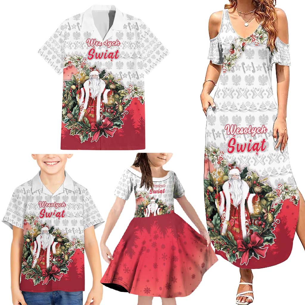 Poland Christmas Family Matching Summer Maxi Dress and Hawaiian Shirt Dziadek Mroz With Wreath - Wonder Print Shop