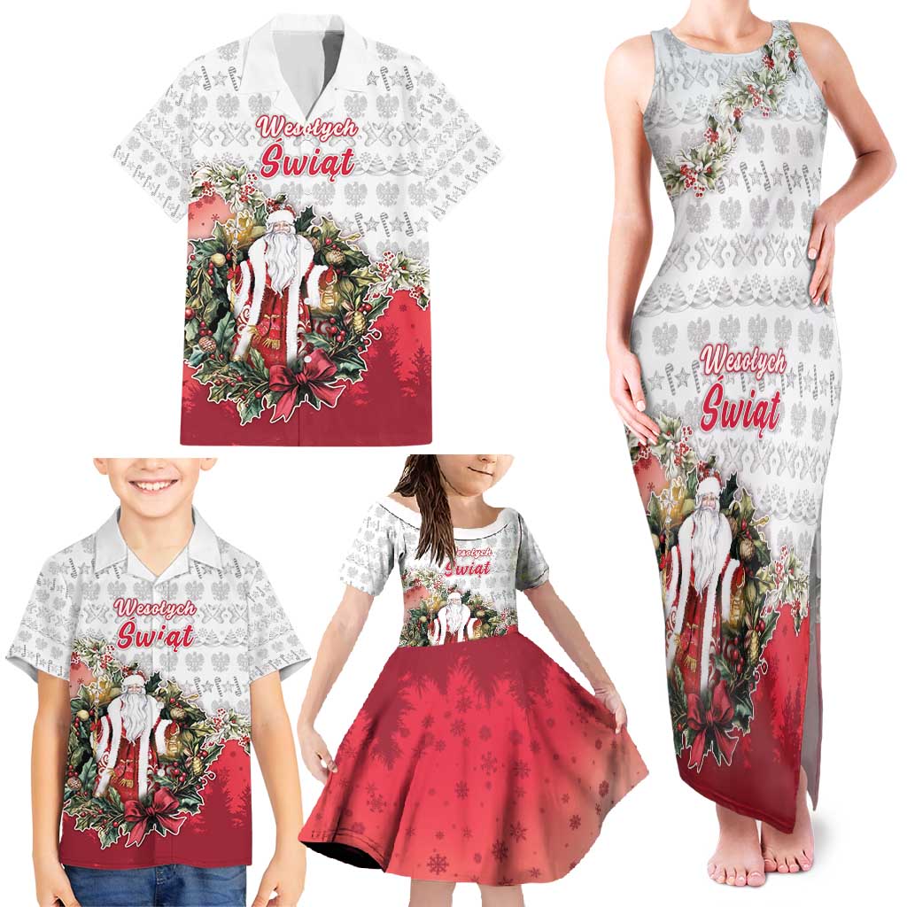 Poland Christmas Family Matching Tank Maxi Dress and Hawaiian Shirt Dziadek Mroz With Wreath - Wonder Print Shop