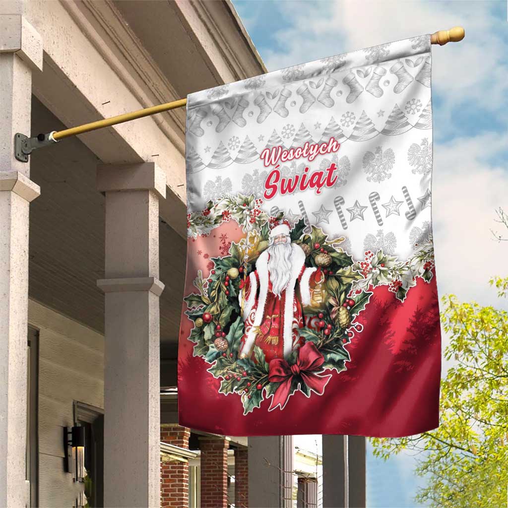 Poland Christmas Garden Flag Dziadek Mroz With Wreath - Wonder Print Shop